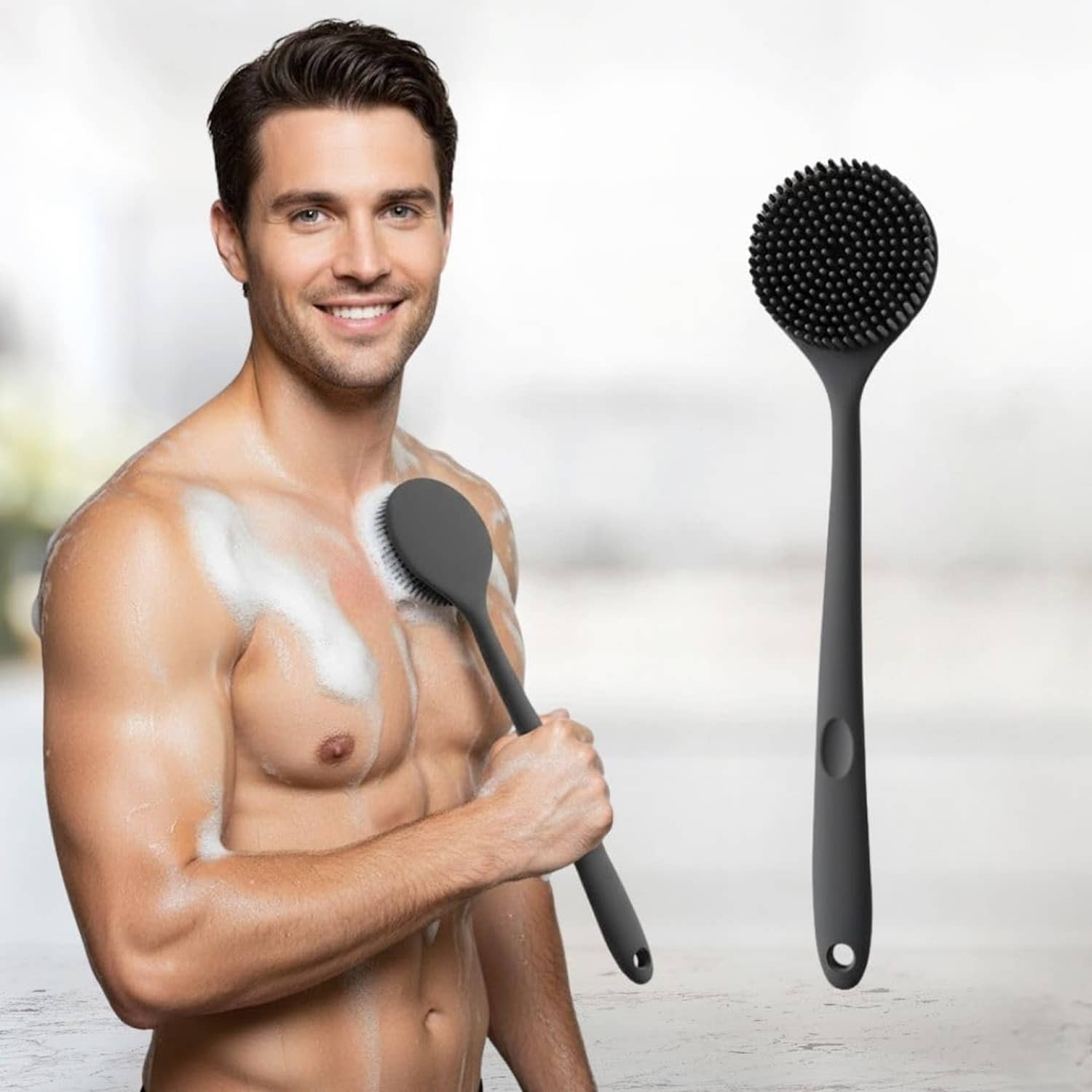 Soft Silicone Back Scrubber with Long Handle for Shower & Bath | Flexible Exfoliating Brush with Gentle Bristles for Smooth Skin | Body Scrubber for Men, Women & Boys | Ideal for Body Wash & Bathing