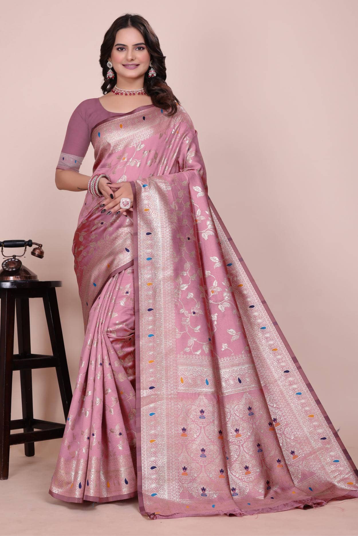 Vkaran Silk Woven Paithani Sarees With Unstitched Blouse Piece ( Peach ) - Sarees | Buy online on ZillyBuy