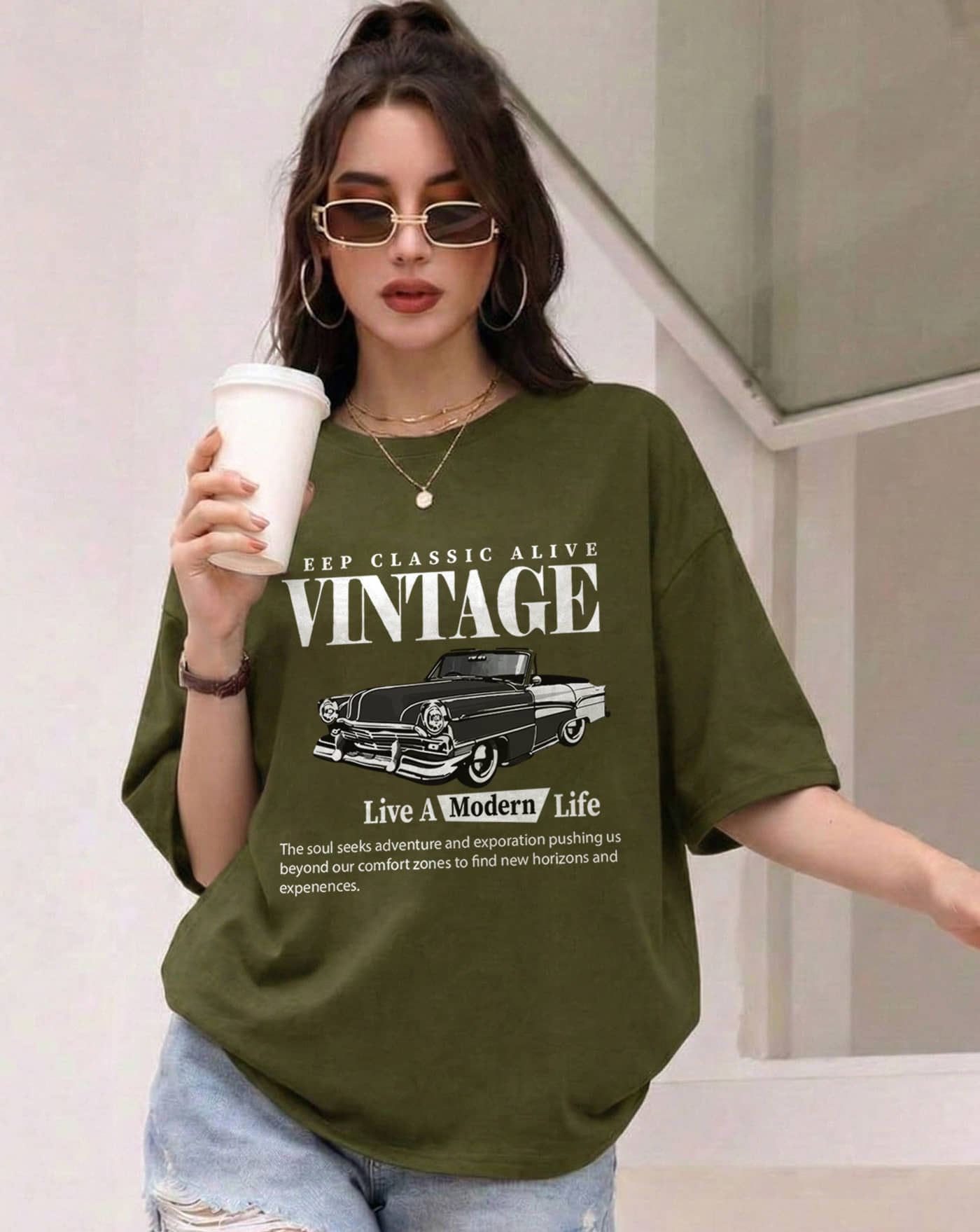 AUSK Women Cotton Blend Printed Loose Round Neck T-Shirt ( Green )