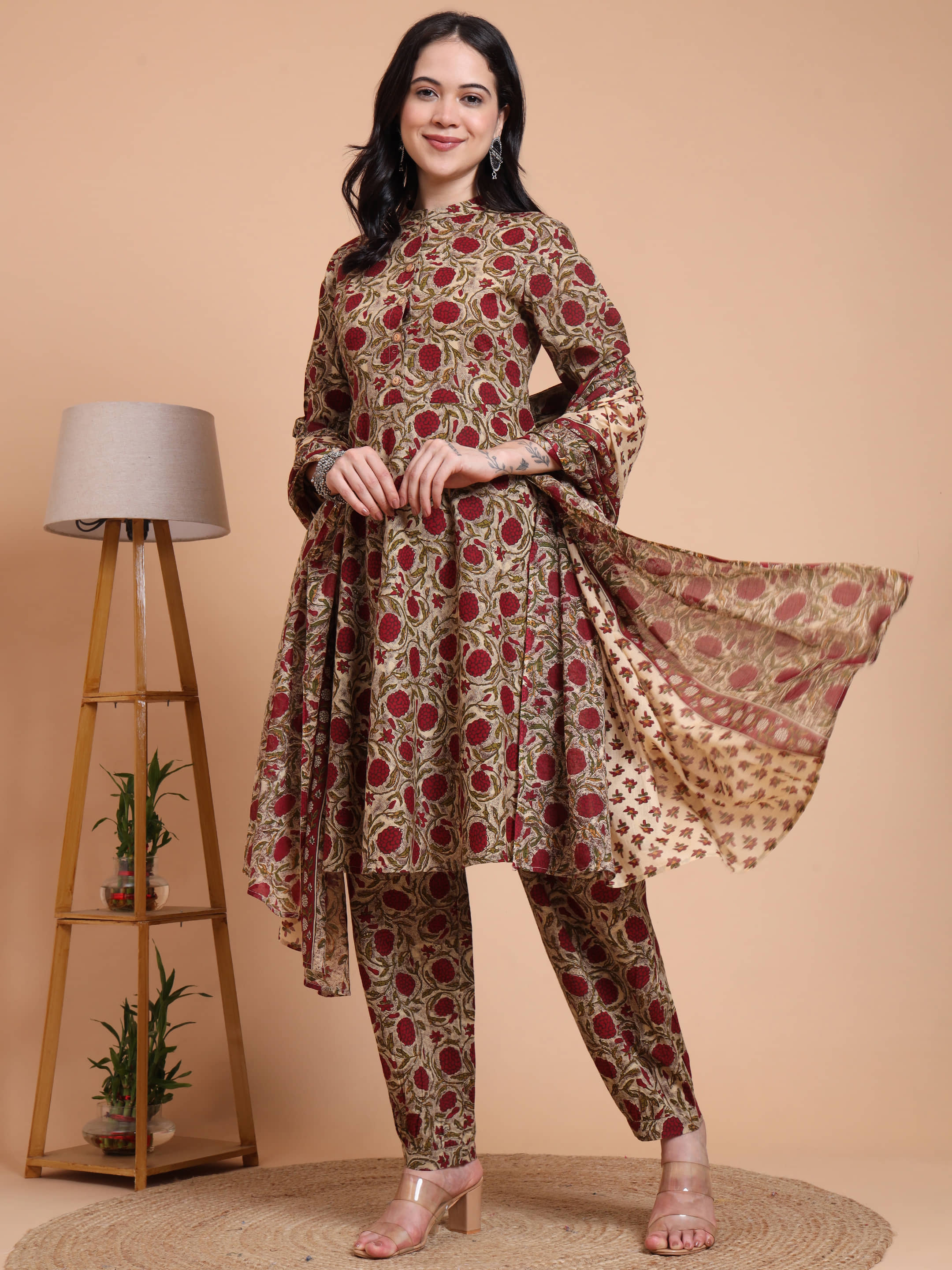 Yash Gallery Women Cotton Printed Anarkali Kurti With Pants ( Maroon )