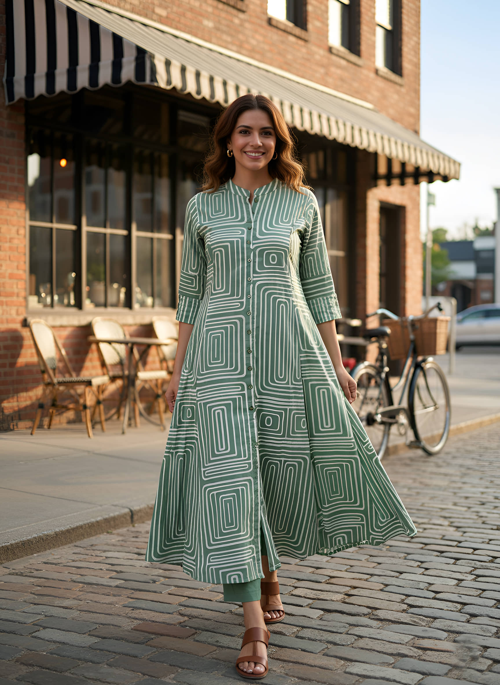 Yash Gallery Women Cotton Striped A-line Kurti With Pants ( Green )