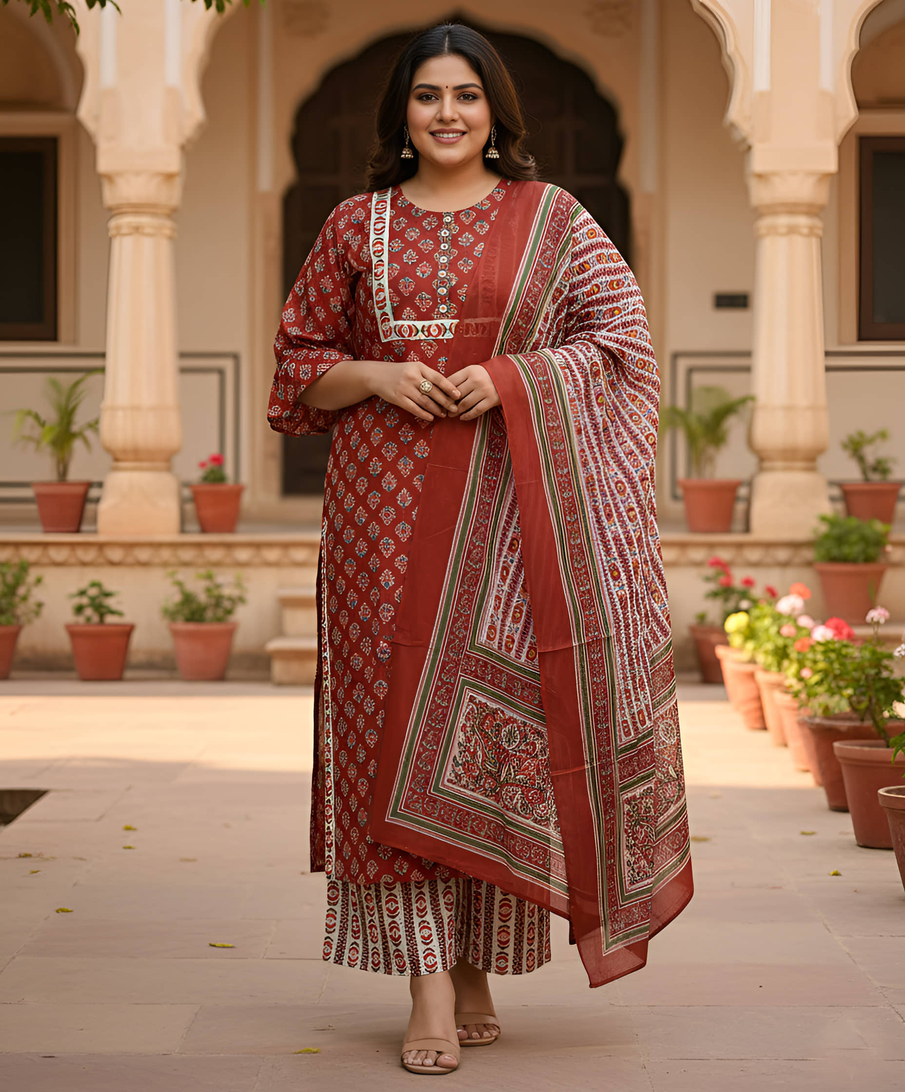 Yash Gallery Women Rayon Printed Straight Kurti With Palazzo ( Maroon )