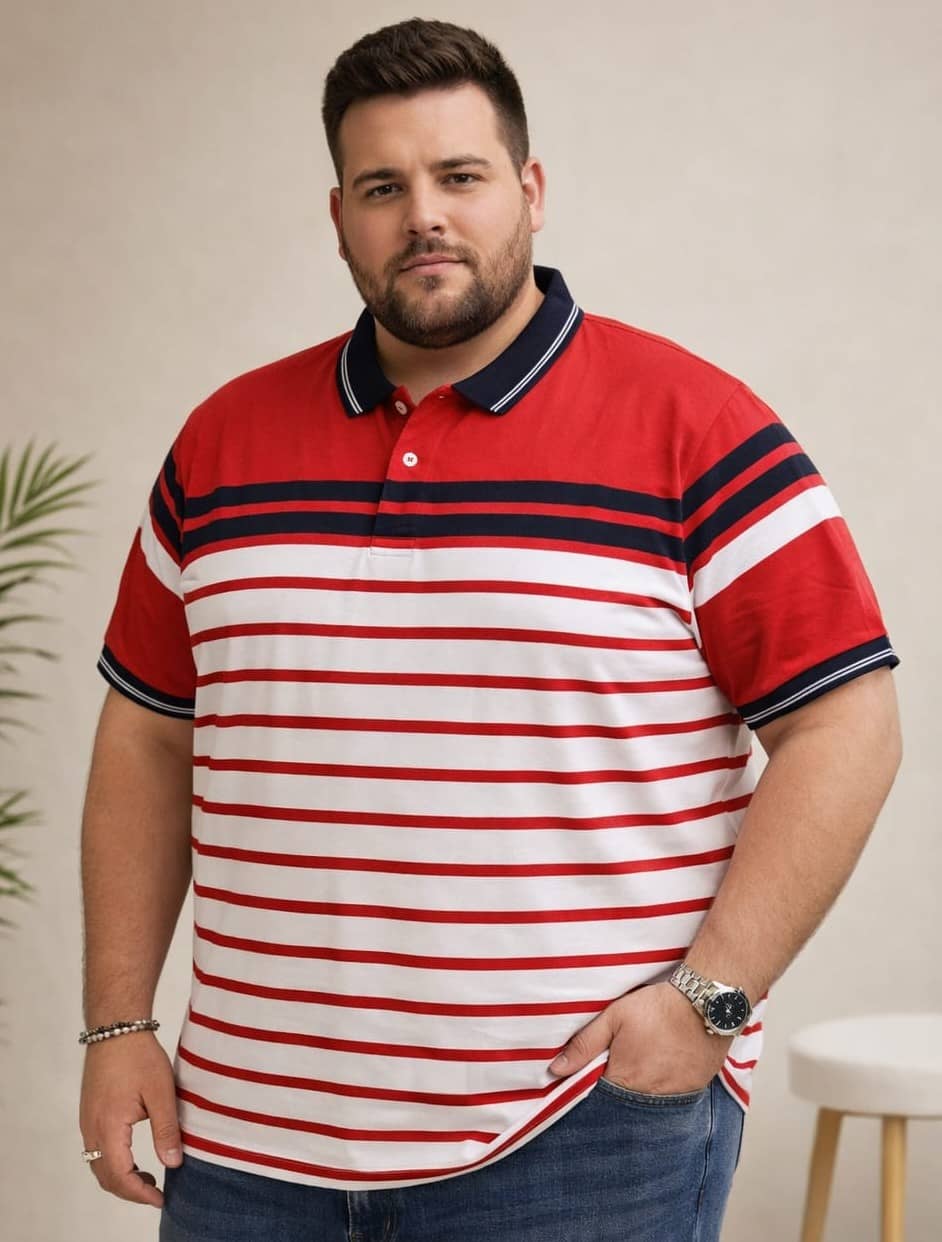 AUSTIVO Men Cotton Blend Regular Fit Striped Polo T Shirt ( Navy )