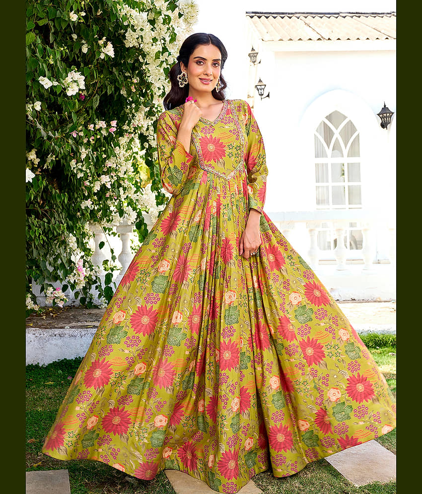 Madhuram Textiles Women's Rayon Stitched Anarkali Ethnic Gown - Unstitched Fabrics | Buy online on ZillyBuy