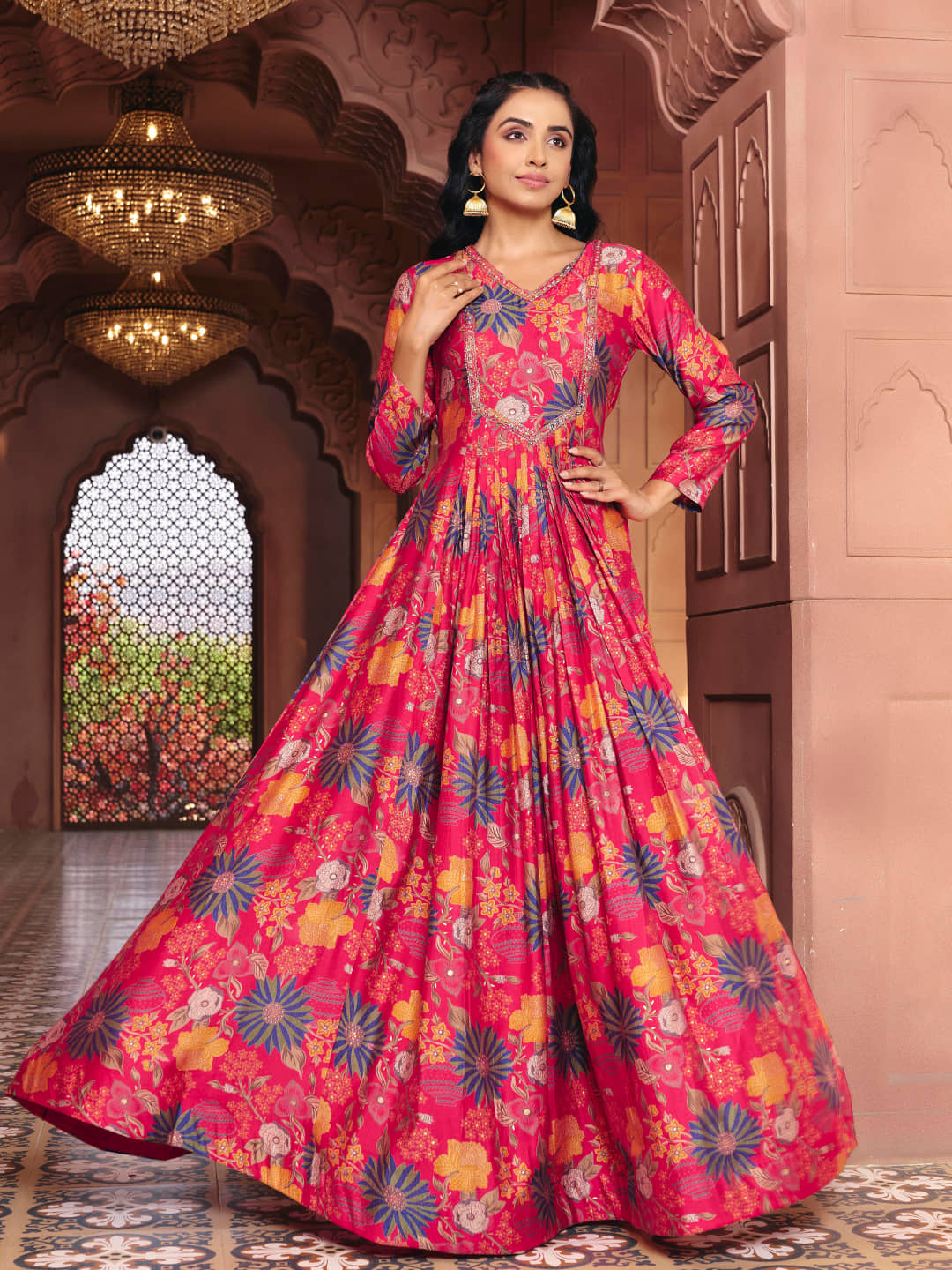 Madhuram Textiles Women's Rayon Stitched Anarkali Ethnic Gown