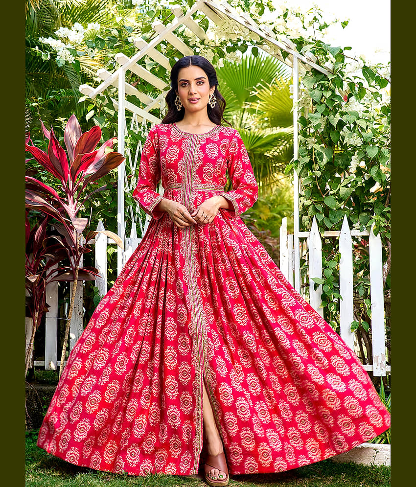 Madhuram Textiles Women's Rayon Stitched Anarkali Ethnic Gown - Unstitched Fabrics | Buy online on ZillyBuy