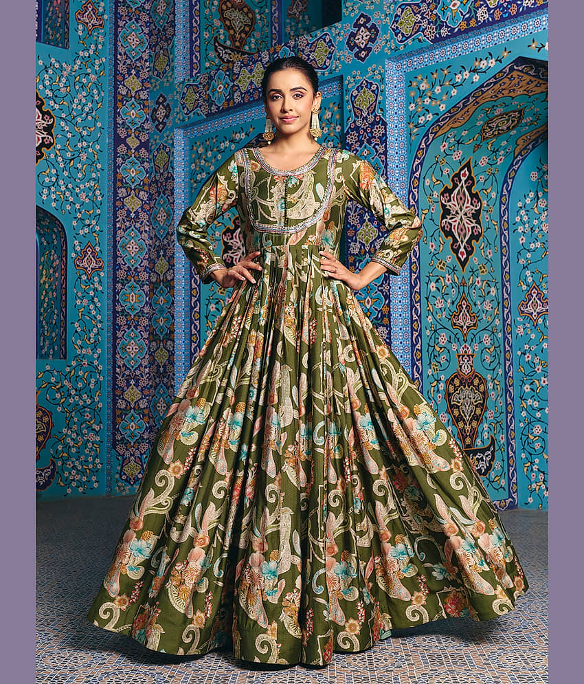 Madhuram Textiles Women's Rayon Stitched Anarkali Ethnic Gown - Unstitched Fabrics | Buy online on ZillyBuy