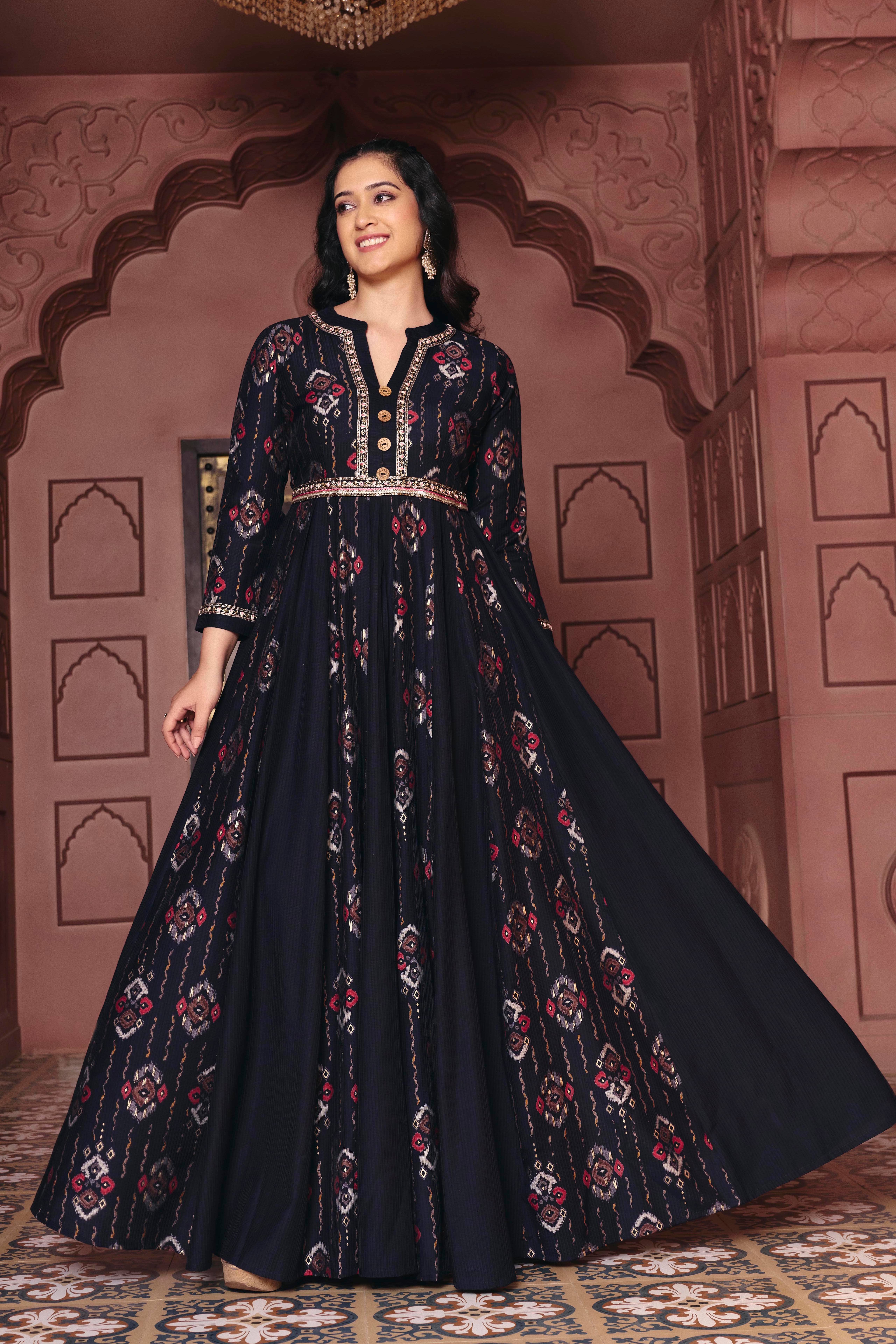 Madhuram Textiles Women's Silk Blend Stitched Anarkali Ethnic Gown - Unstitched Fabrics | Buy online on ZillyBuy