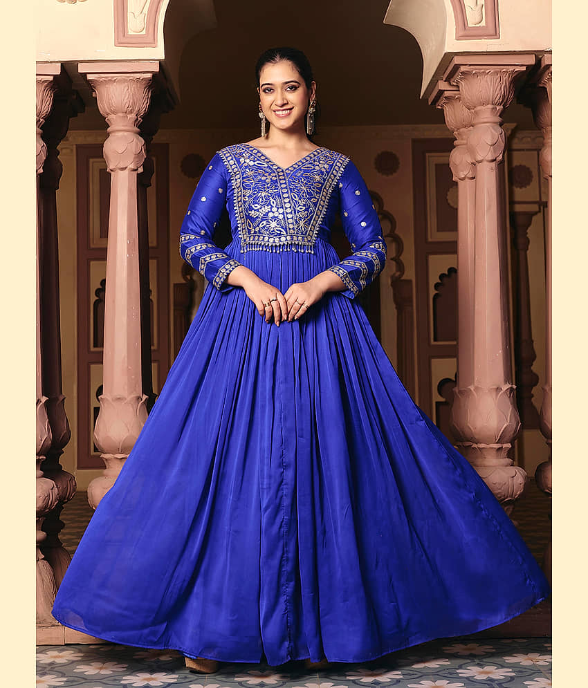 Madhuram Textiles Women's Silk Blend Stitched Anarkali Ethnic Gown - Unstitched Fabrics | Buy online on ZillyBuy