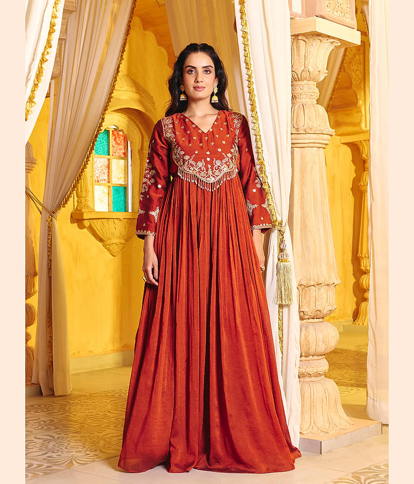 Madhuram Textiles Women's Silk Blend Stitched Anarkali Ethnic Gown - Unstitched Fabrics | Buy online on ZillyBuy