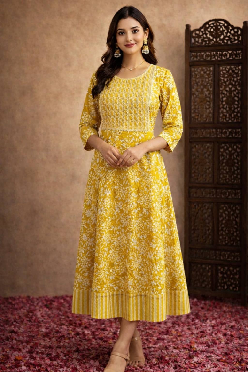 Aarika Women Cotton Blend Embroidered Fit & Flare Dress ( Olive )
