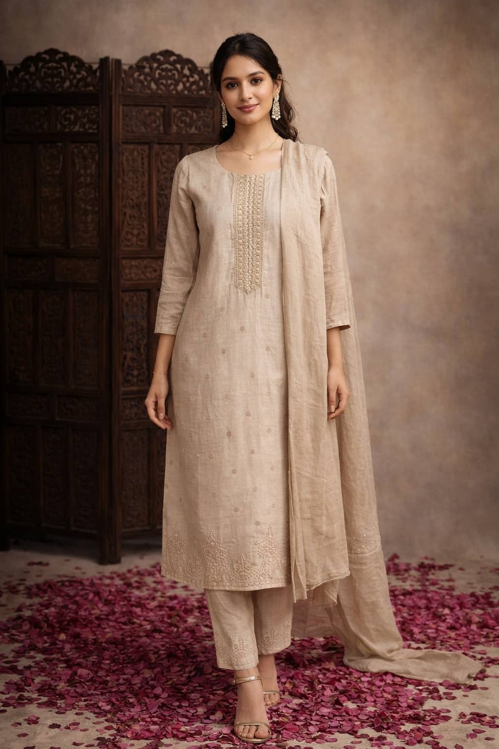 Aarika Women Cotton Blend Embroidered Straight Kurti With Pants ( Beige )