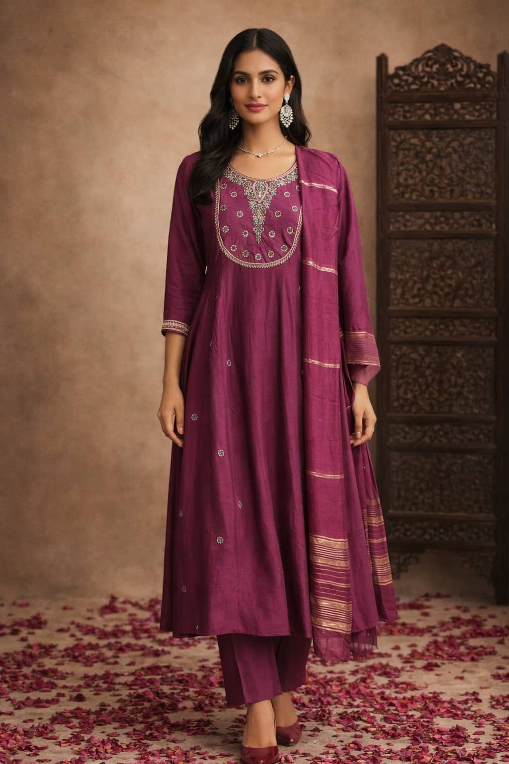 Aarika Women Cotton Blend Embroidered Straight Kurti With Pants ( Purple )
