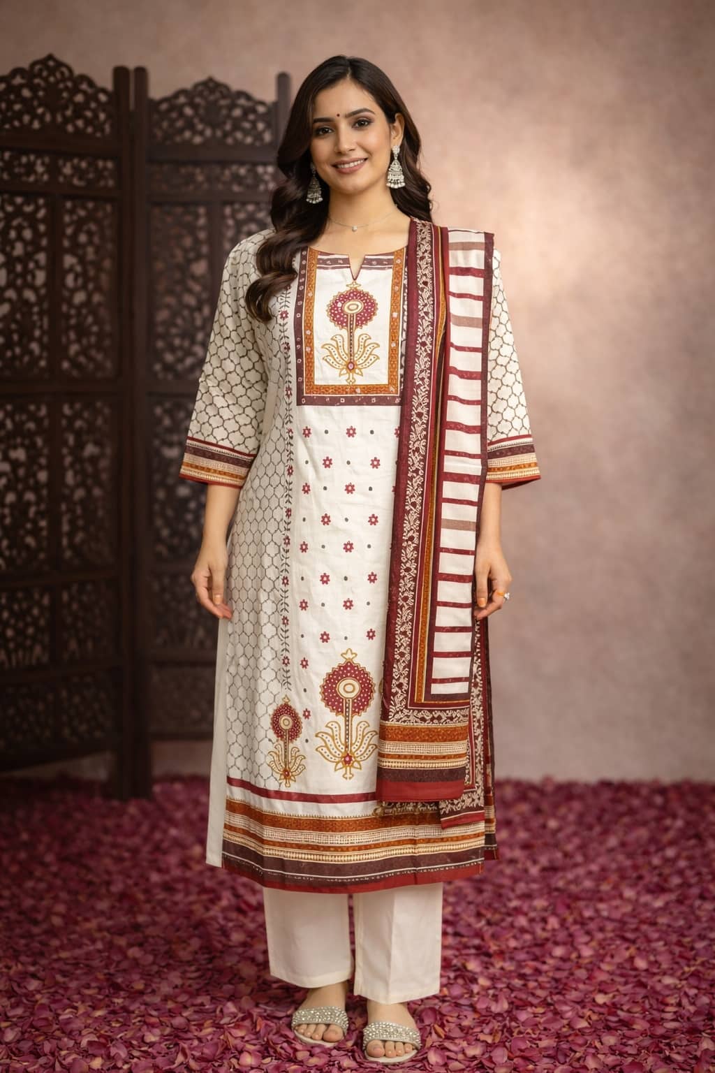 Aarika Women Cotton Embellished Straight Kurti With Palazzo ( Cream )