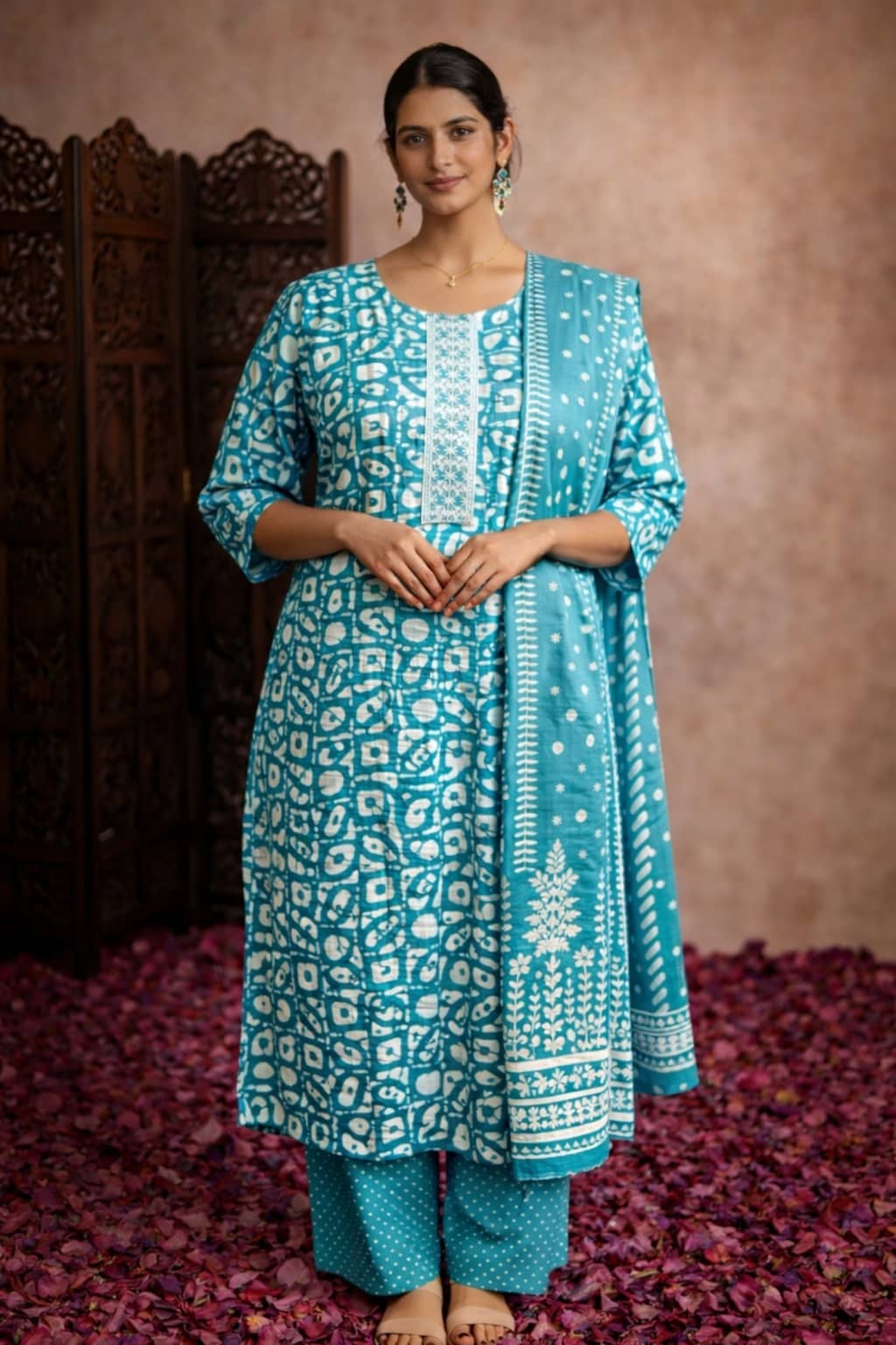 Aarika Women Cotton Embroidered Straight Kurti With Pants ( Teal )