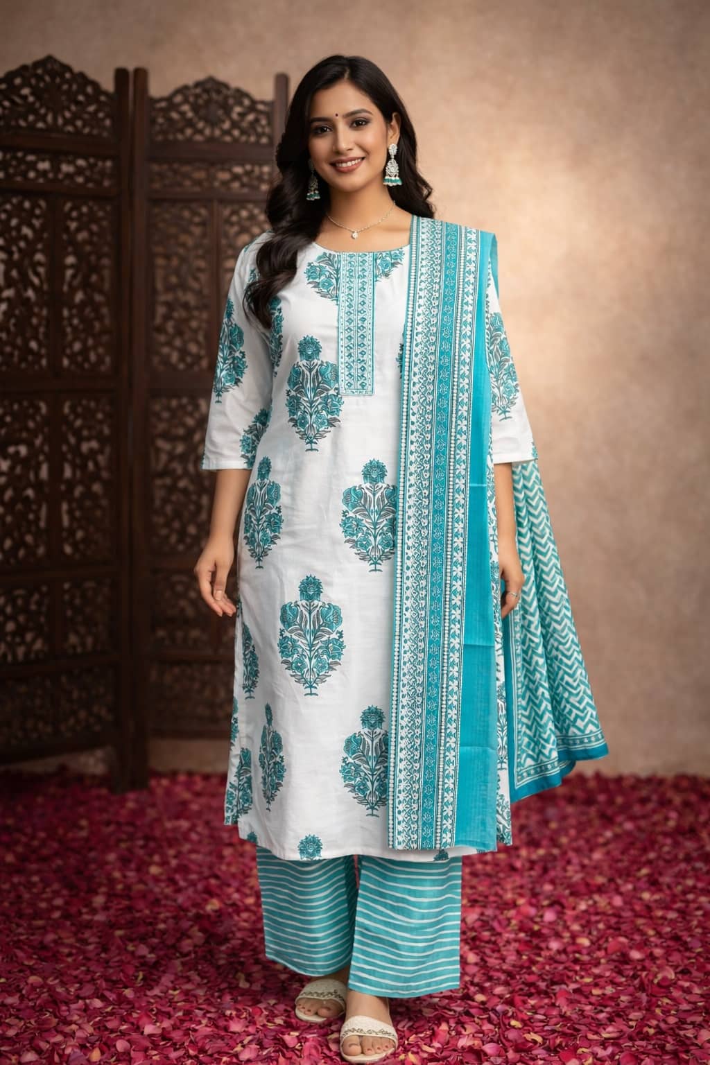 Aarika Women Cotton Embroidered Straight Kurti With Pants ( White )