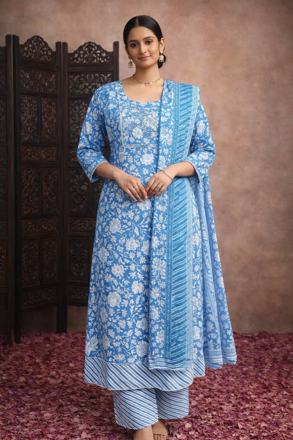 Aarika Women Cotton Printed Flared Kurti With Pants ( Blue )
