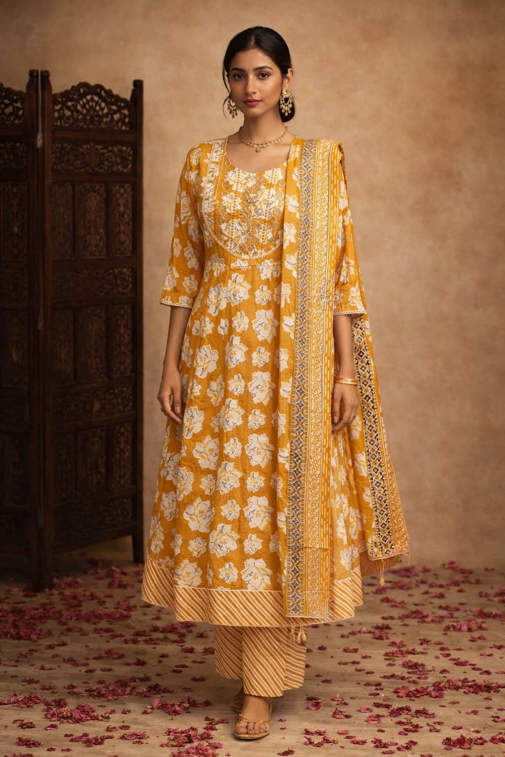 Aarika Women Cotton Printed Flared Kurti With Pants ( Mustard )
