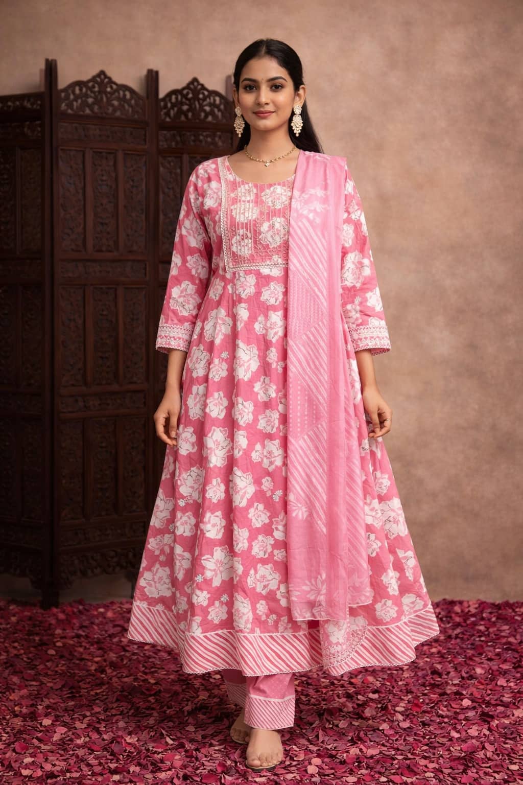 Aarika Women Cotton Printed Flared Kurti With Pants ( Pink )