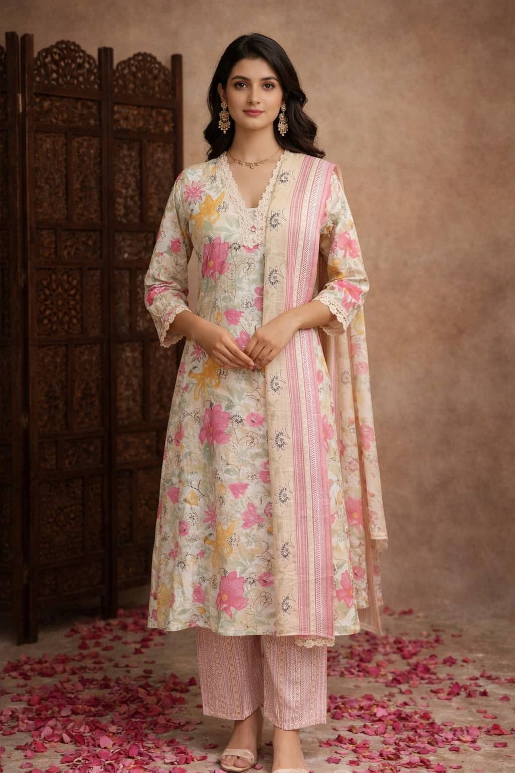 Aarika Women Cotton Printed Flared Kurti With Pants ( Cream )