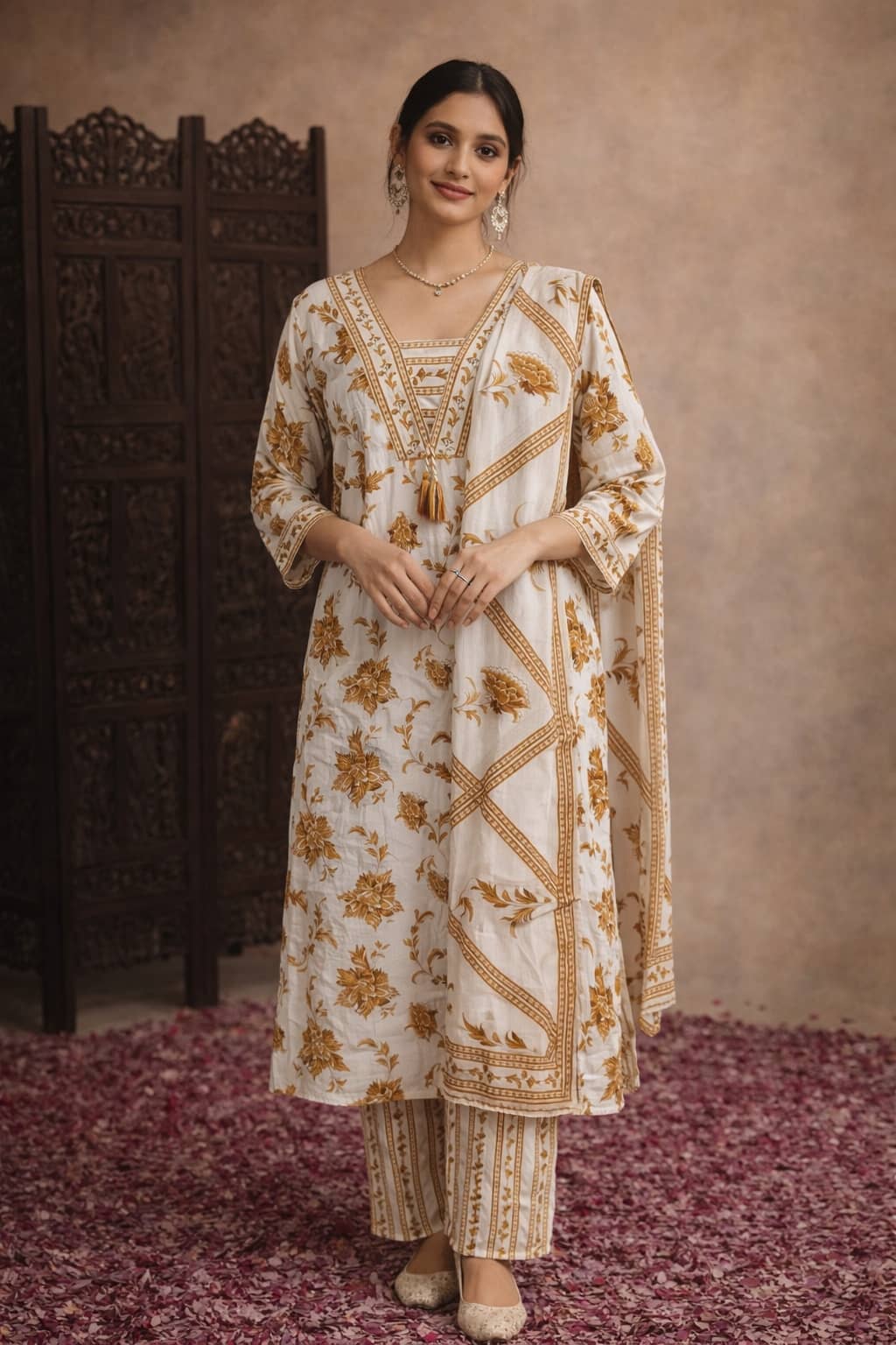 Aarika Women Cotton Printed Straight Kurti With Pants ( White )
