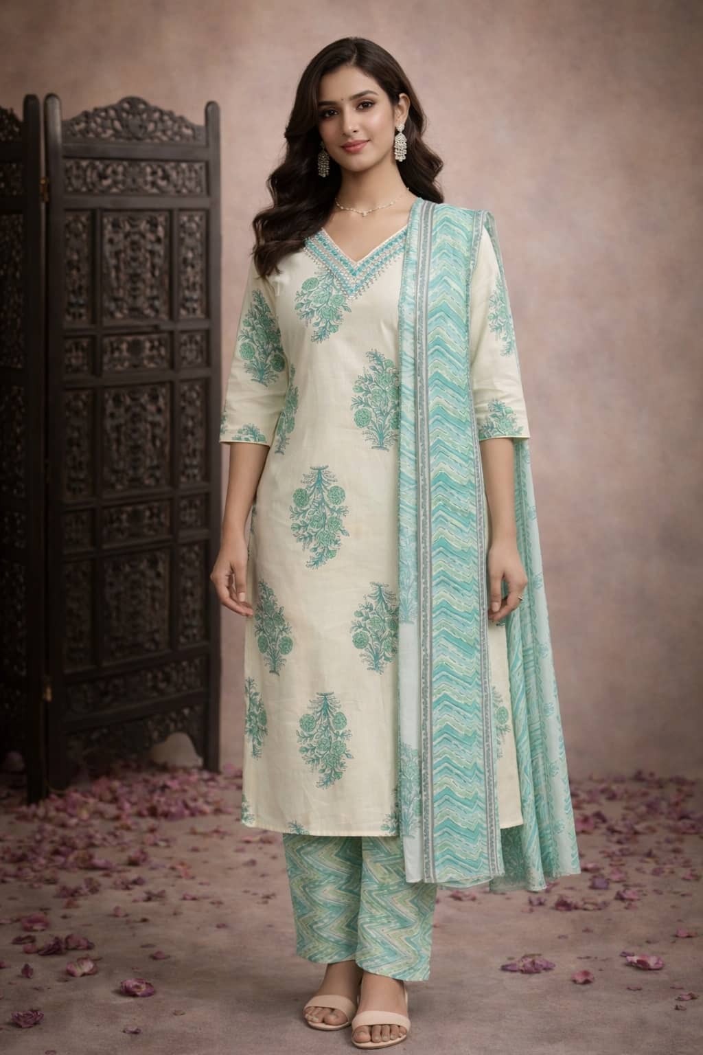Aarika Women Cotton Printed Straight Kurti With Pants ( Cream )