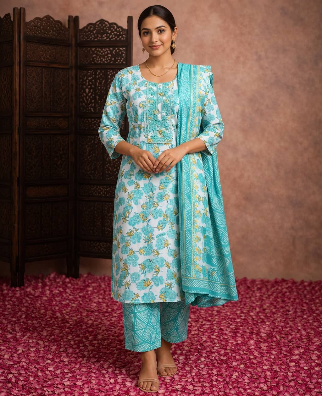 Aarika Women Cotton Printed Straight Kurti With Pants ( Green )