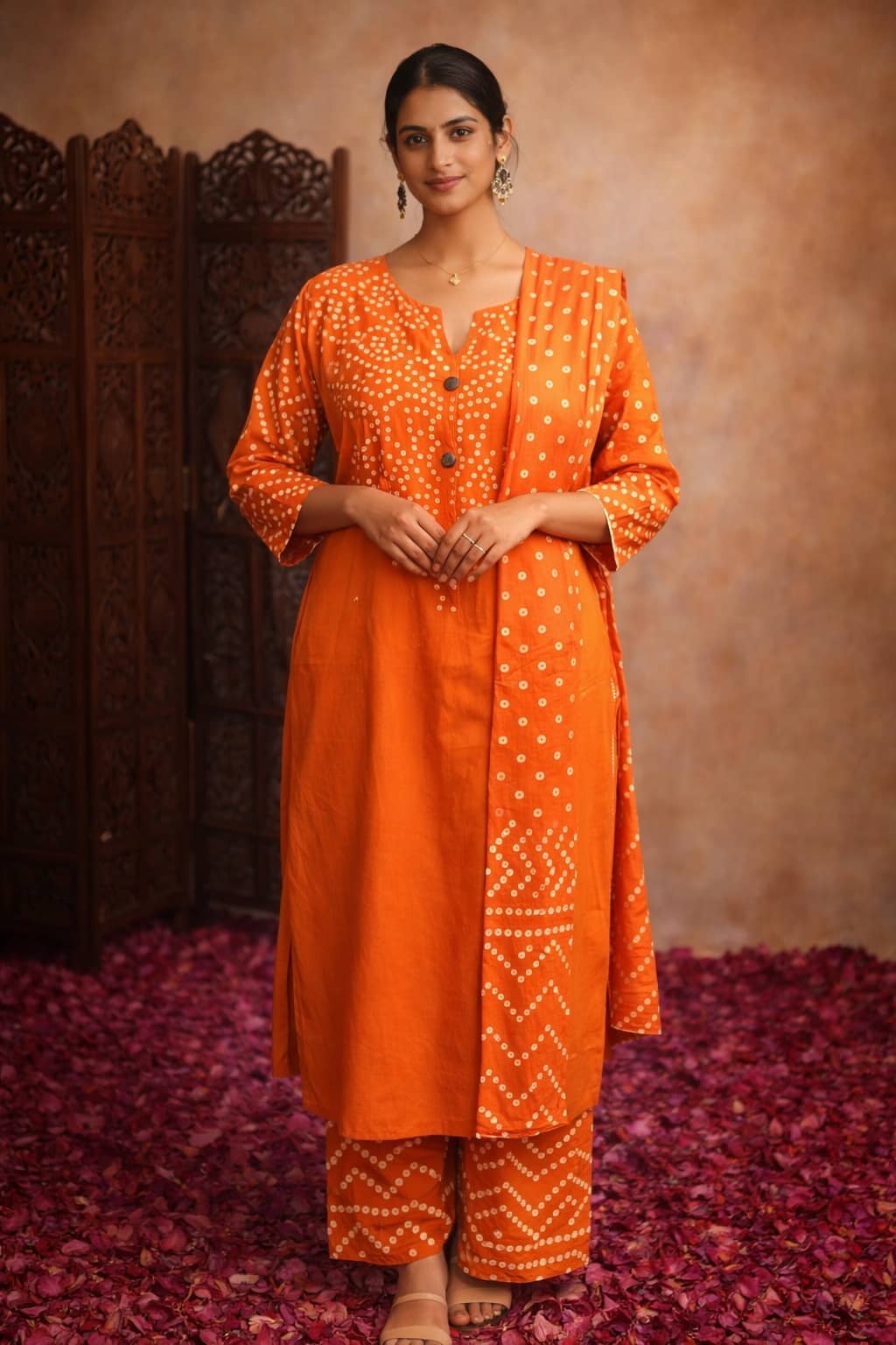 Aarika Women Cotton Printed Straight Kurti With Palazzo ( Orange )