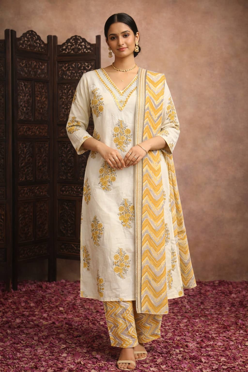Aarika Women Cotton Printed Straight Kurti With Pants ( Cream )