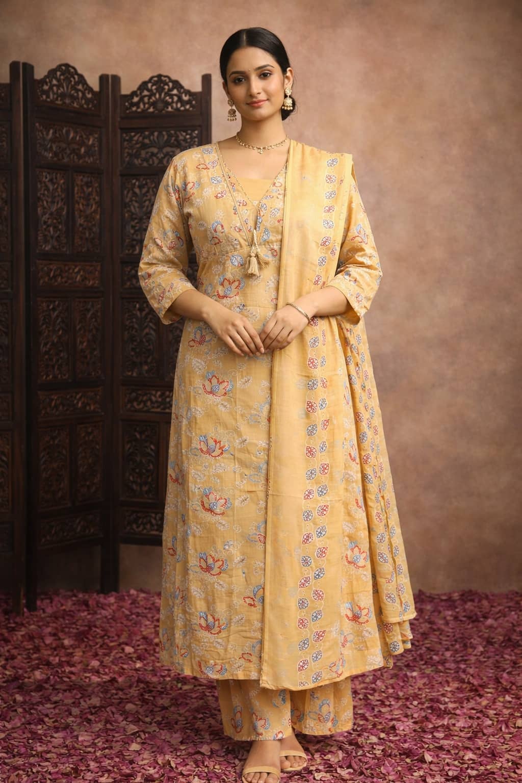 Aarika Women Cotton Printed Straight Kurti With Pants ( Beige )
