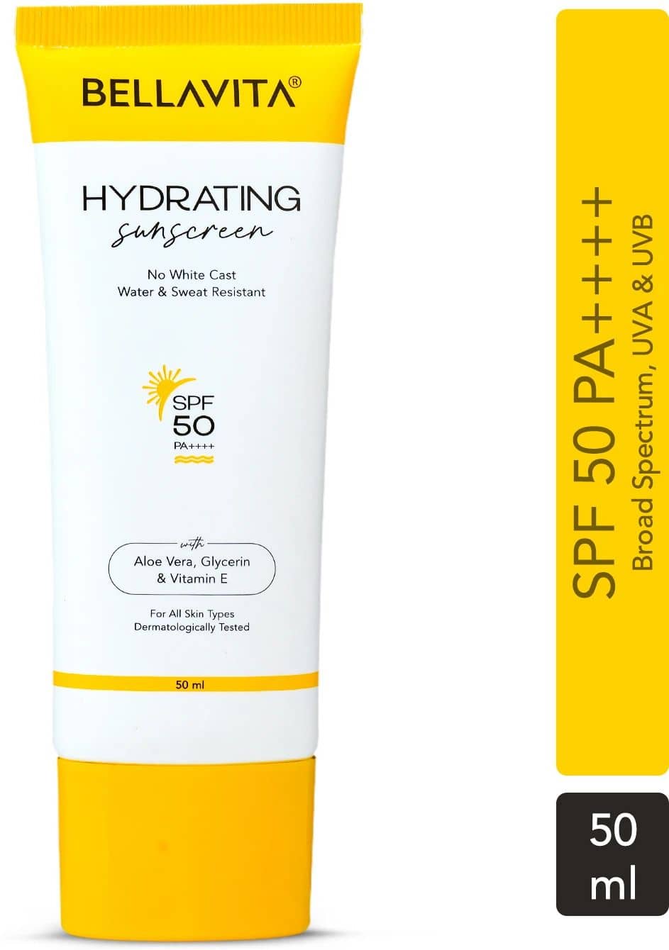 BELLAVITA Water based Hydrating Sunscreen SPF 50 Lightweight PA+++ For No White Cast Non - Greasy Finish UV Protection Broad Spectrum 50ML