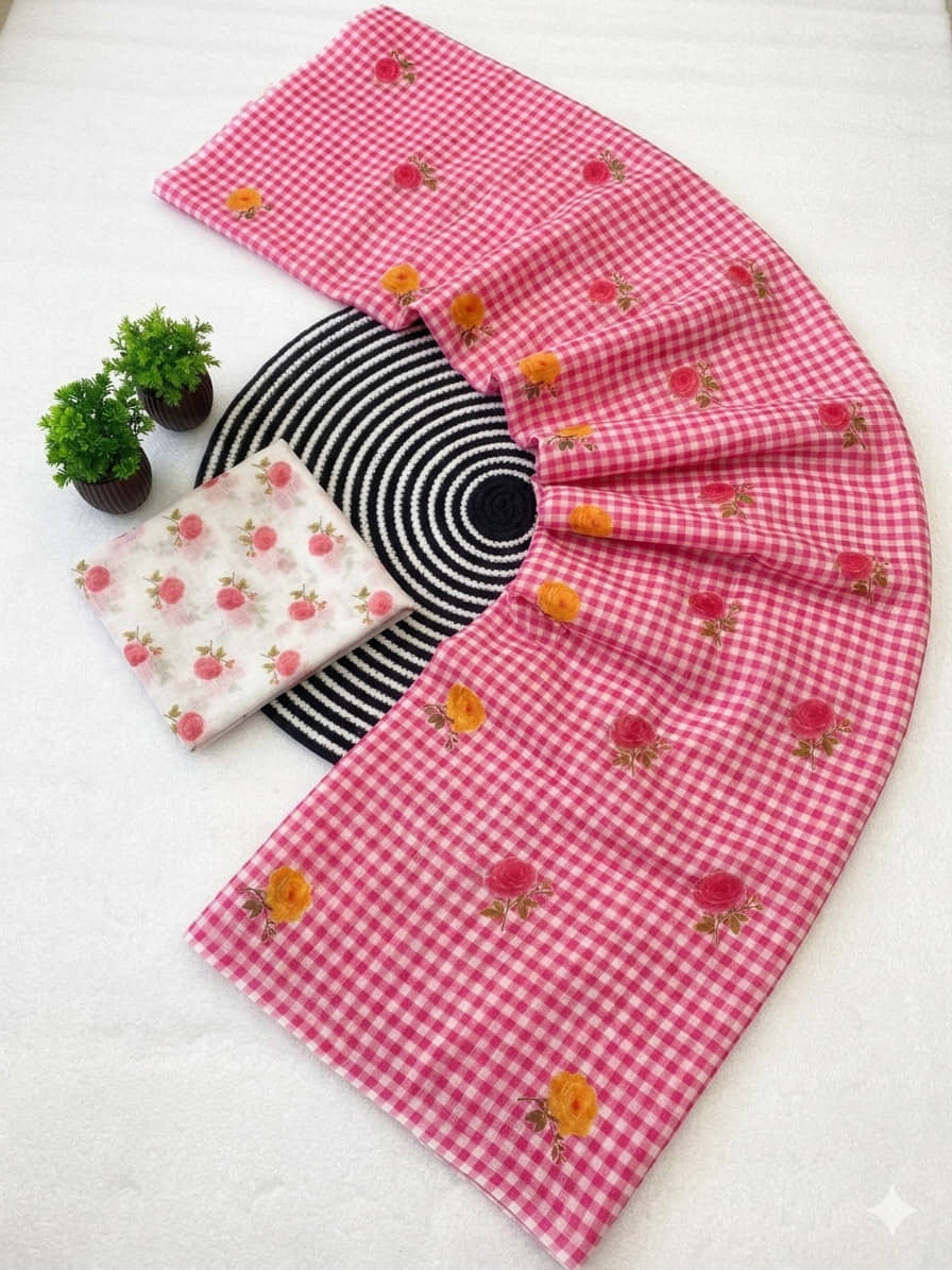 Sanwariya Silks Cotton Checked Regular Saree With Unstitched Blouse Piece ( Pink ) - Sarees | Buy online on ZillyBuy