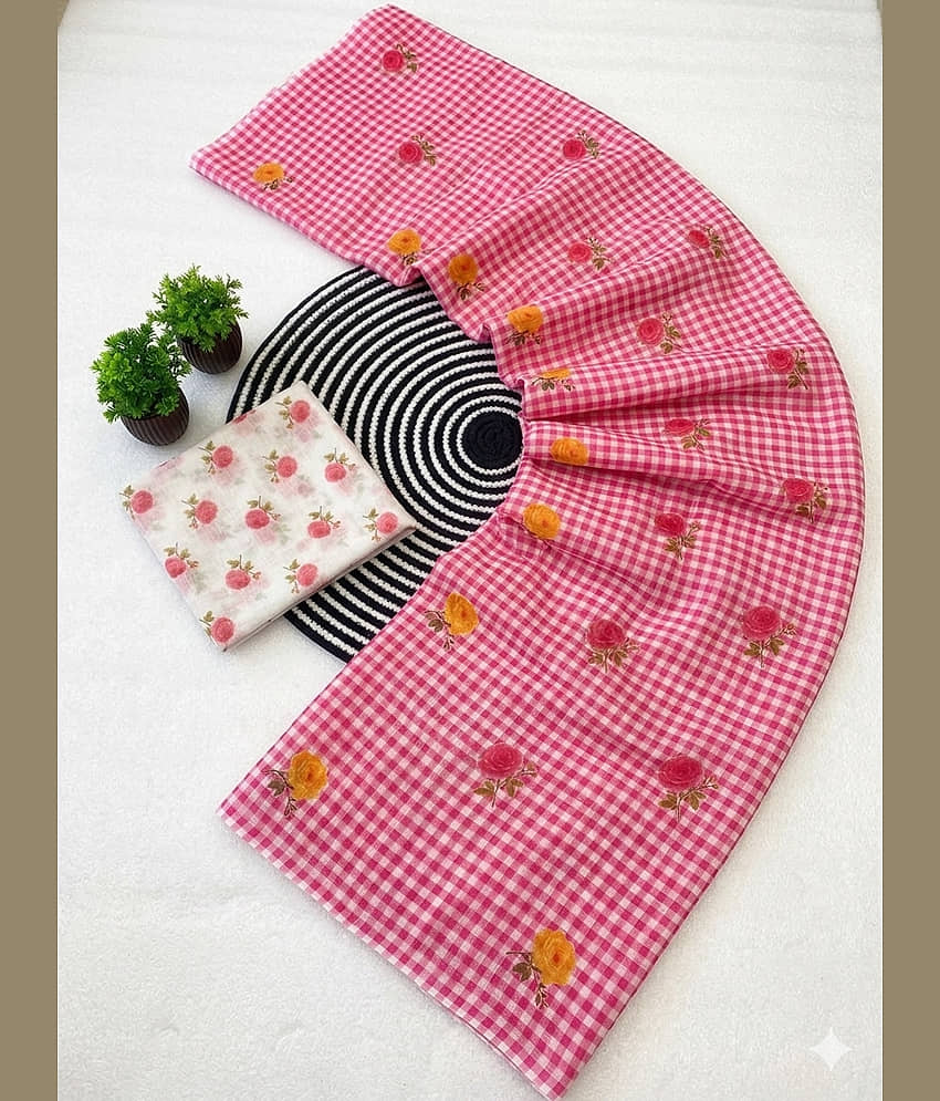 Sanwariya Silks Cotton Checked Regular Saree With Unstitched Blouse Piece ( Pink ) - Sarees | Buy online on ZillyBuy