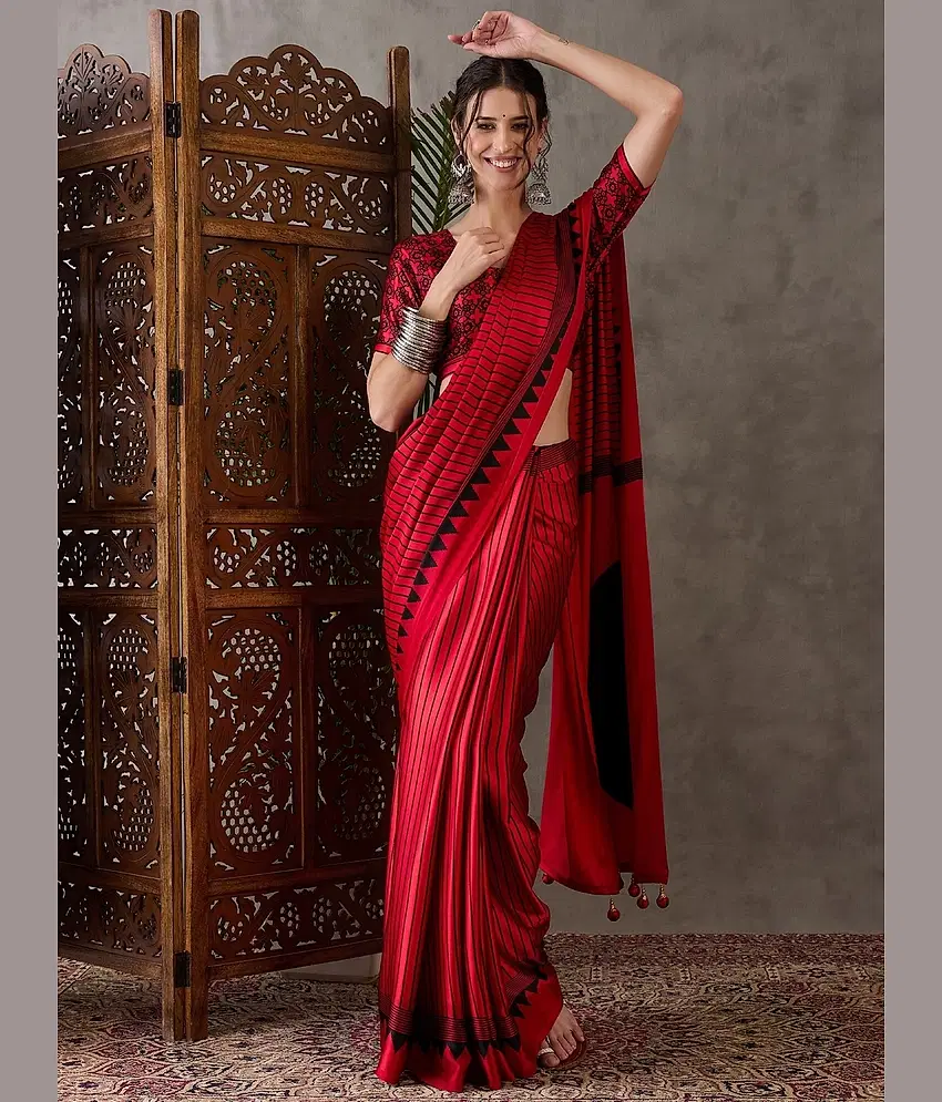 BLEESBURY Satin Printed Regular Saree With Unstitched Blouse Piece ( Red ) - Sarees | Buy online on ZillyBuy