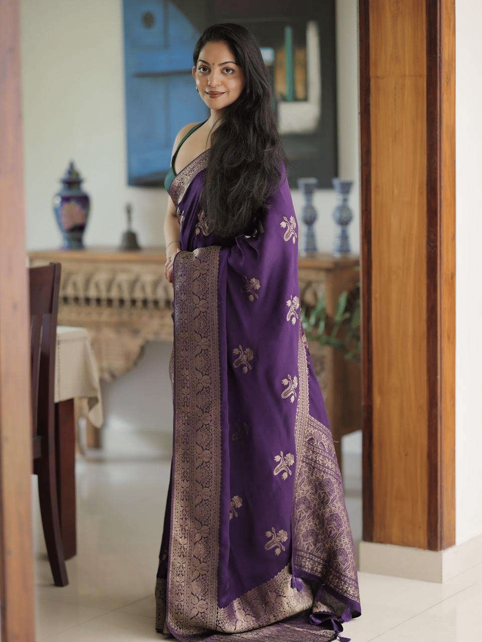 Vastukala Silk Woven Design Banarasi saree With Unstitched Blouse Piece ( Purple ) - Sarees | Buy online on ZillyBuy