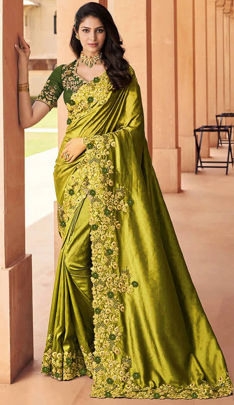 ofline selection Silk Embroidered Regular Saree With Unstitched Blouse Piece ( Olive ) - Sarees | Buy online on ZillyBuy