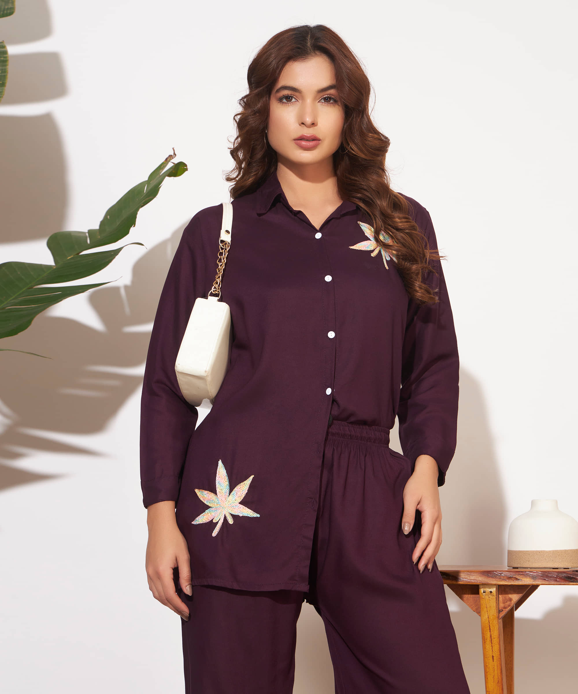 Canblar Women Embroidered Shirt With Palazzos Co-Ord Set ( Purple )
