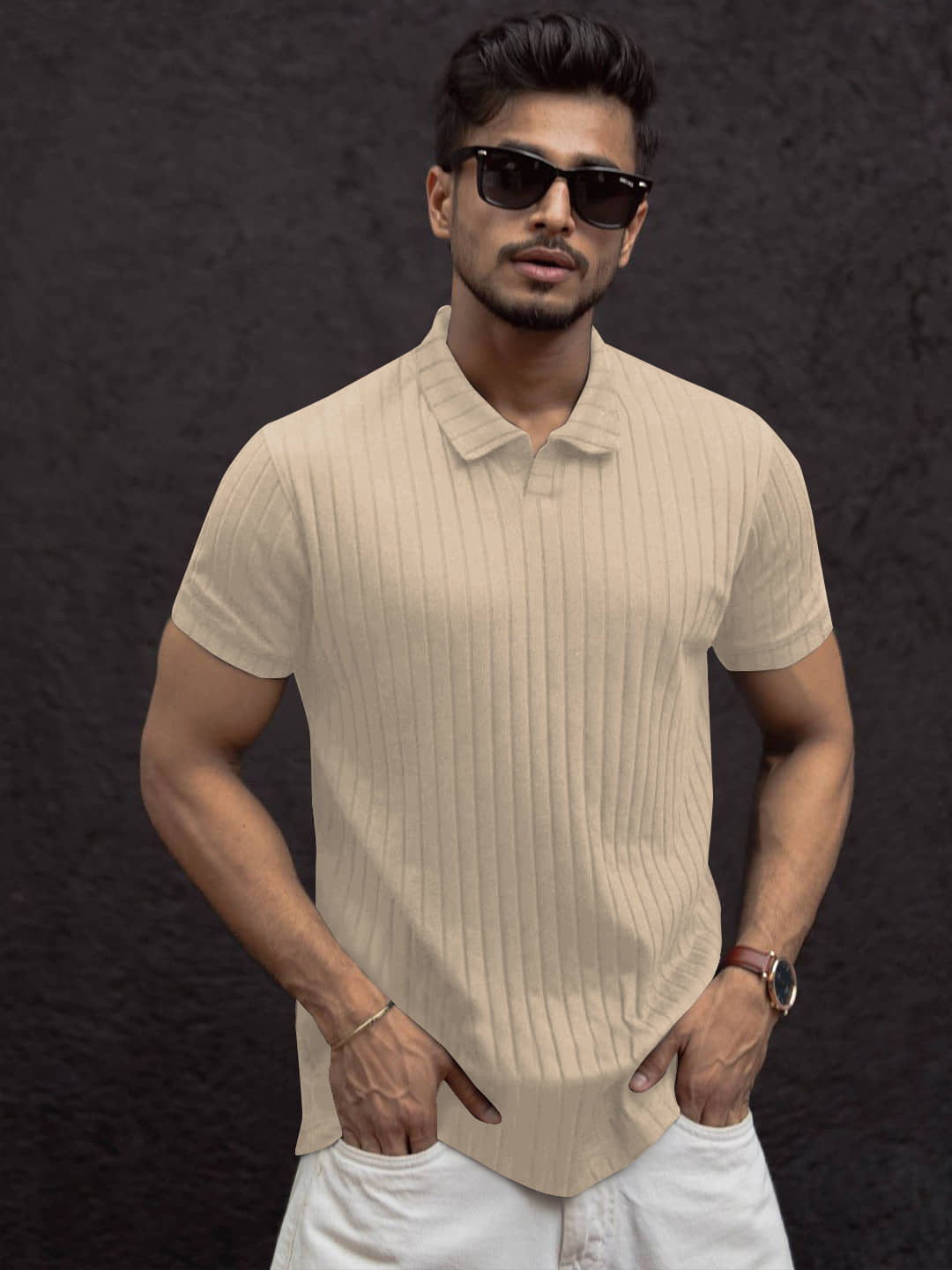 KAJARU Men Polyester Regular Fit Striped Polo T Shirt ( Off White )