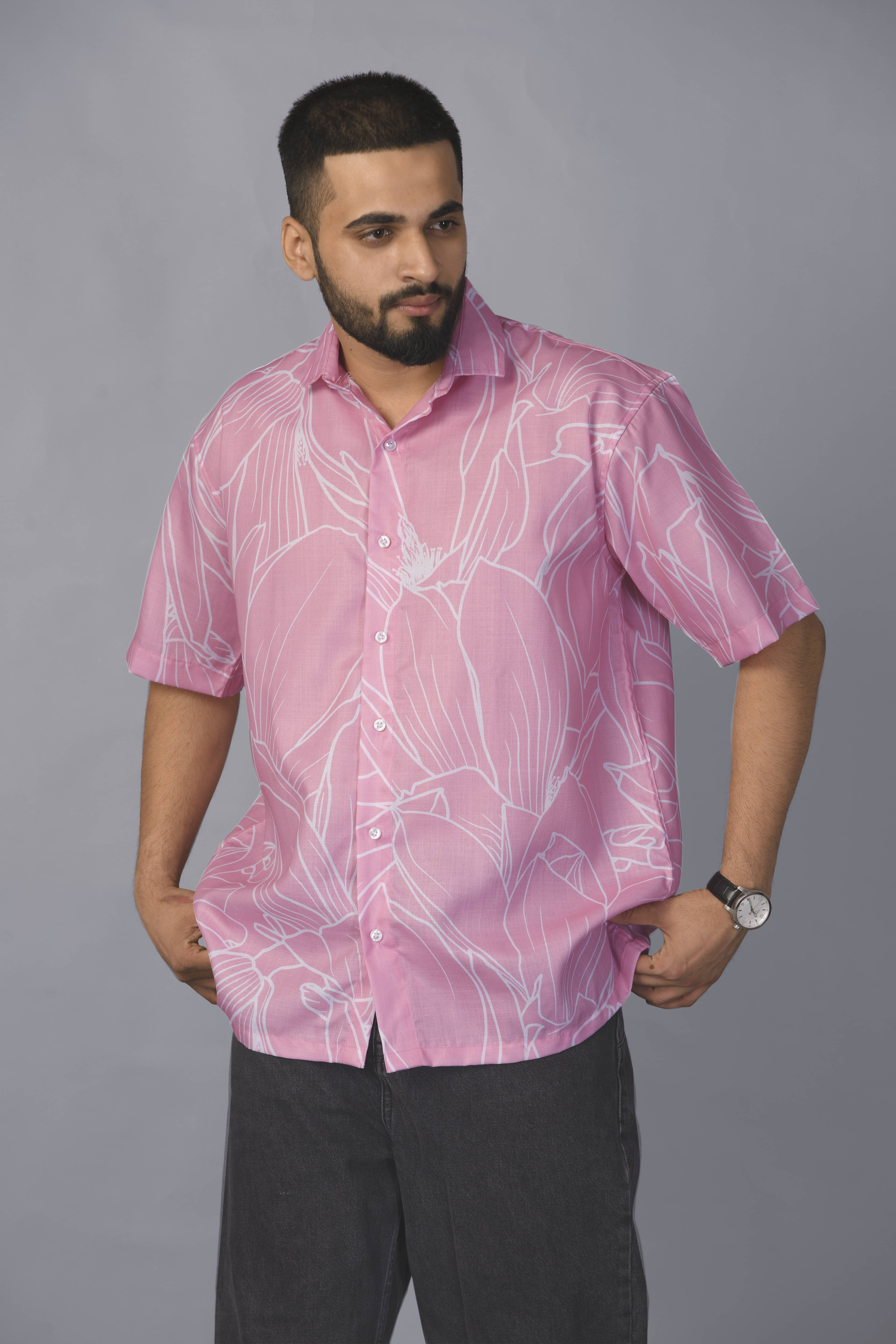 BROWN BROTHERS Cotton Blend Boxy Printed Half Sleeves Men's Casual Shirt - Pink ( Pack of 1 )