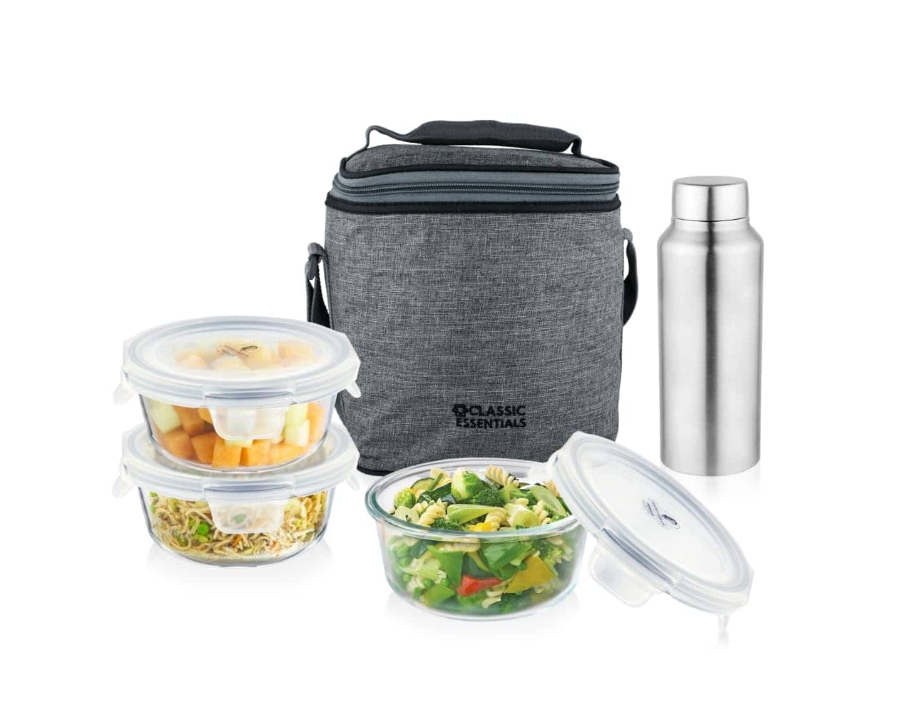 Classic Essentials Glass Lunchbox set with Bottle Glass Lunch Box 3 - Container ( Pack of 5 )