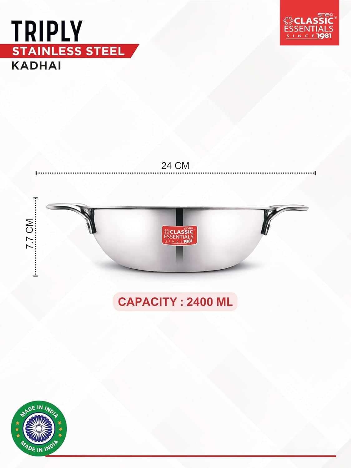 Classic Essentials Pot Triply Stainless Steel Pot Heavy Bottom without Lid 24 cm Diameter 2.5 Ltr - Cookware | Buy online on ZillyBuy