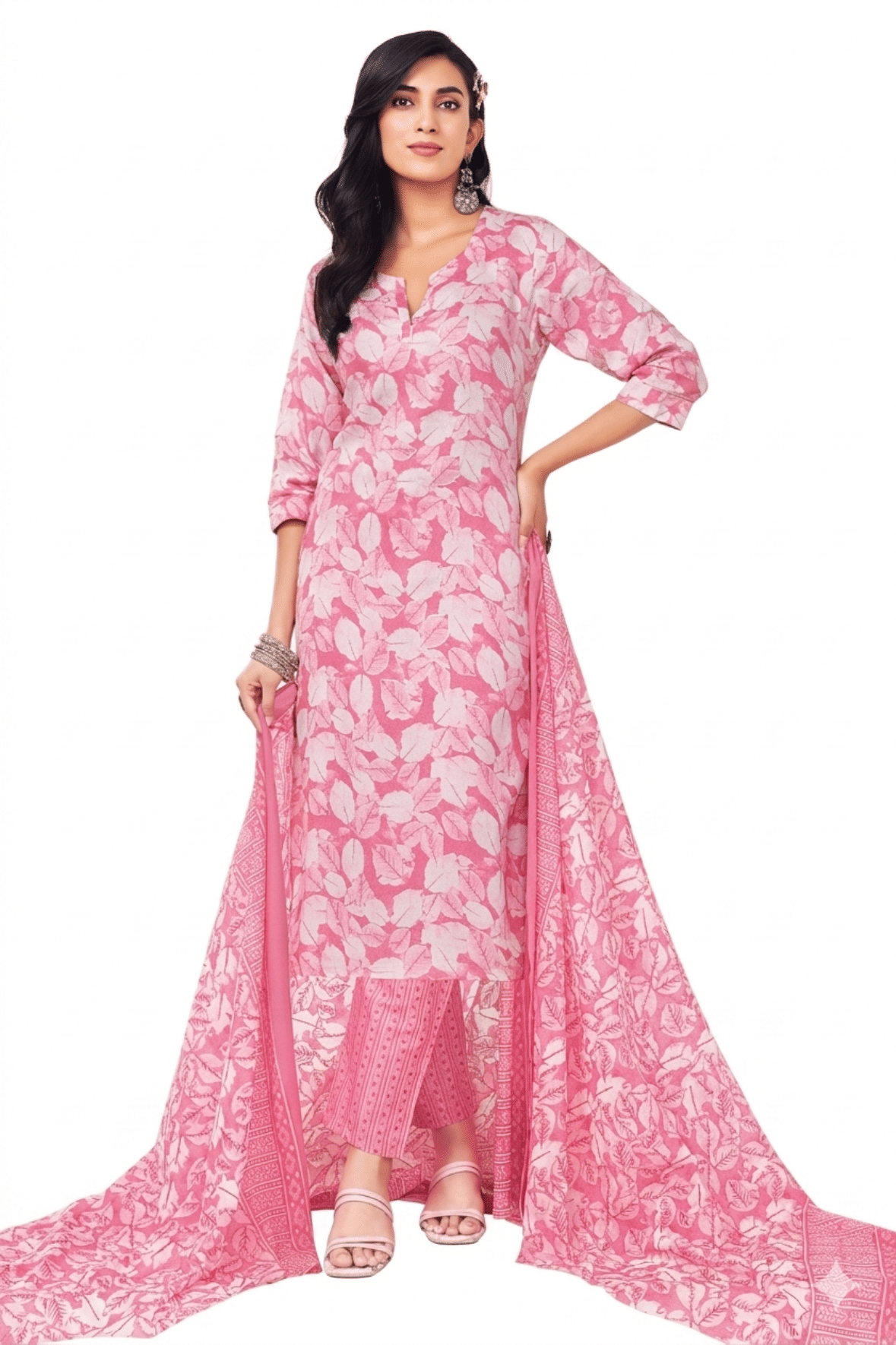 SIMMU Women Cotton Printed Straight Kurti With Pants ( Pink )