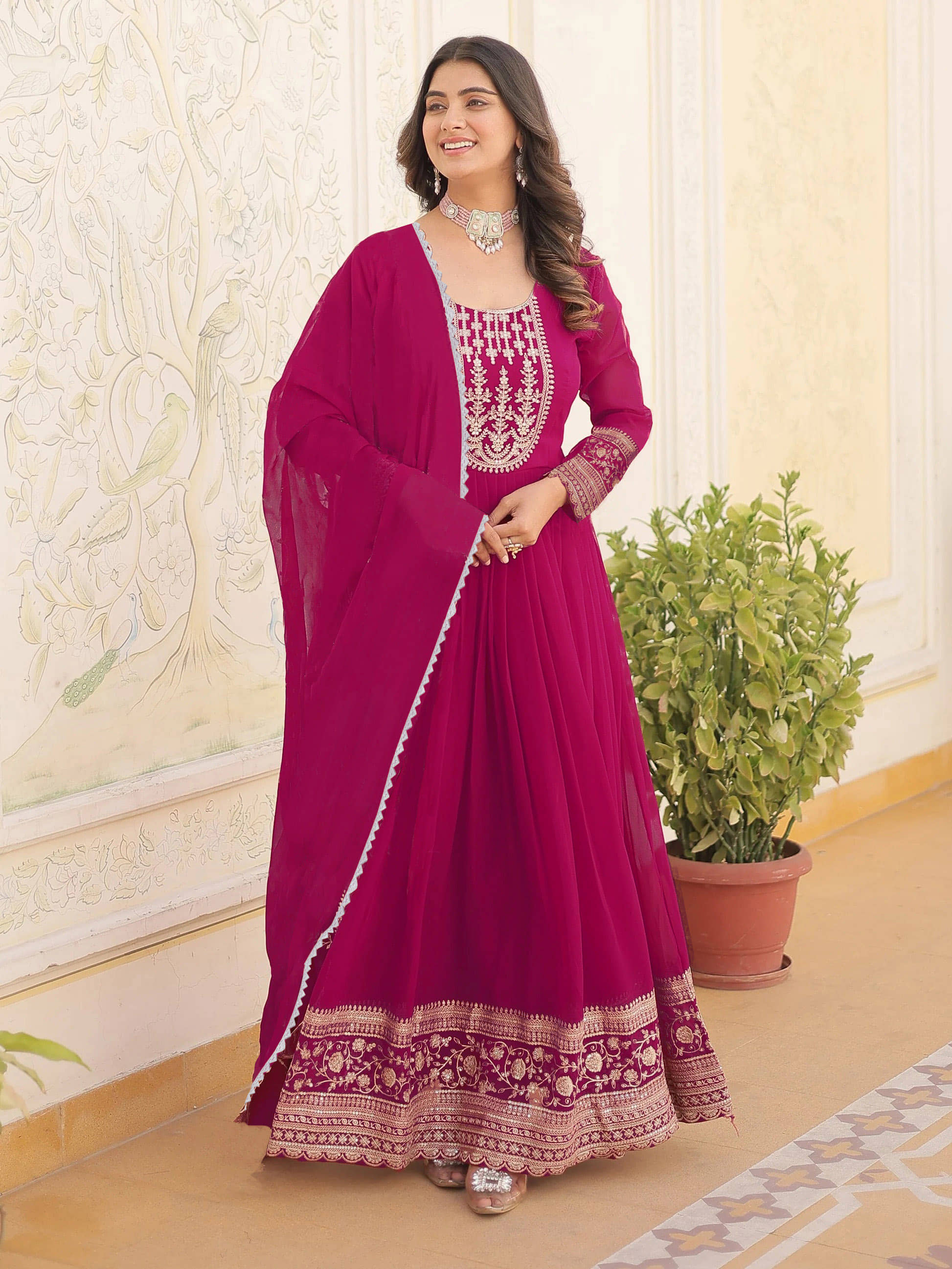 kedar fab Women's Georgette Stitched Anarkali Ethnic Gown With Dupatta - Unstitched Fabrics | Buy online on ZillyBuy
