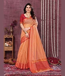 StyleDeal Cotton Blend Checked Kota Doria Saree With Unstitched Blouse Piece ( Orange )
