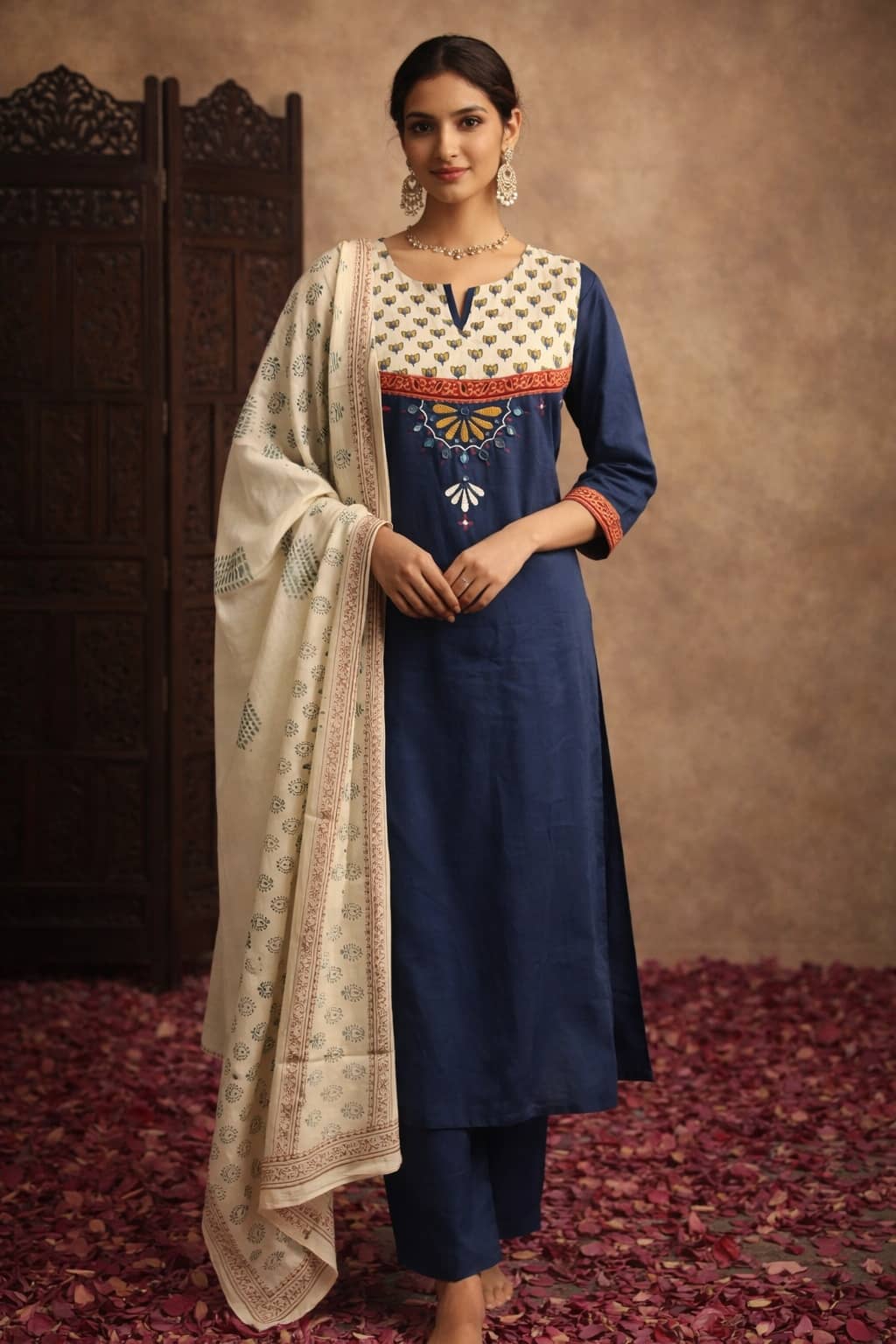 Aarika Women Cotton Printed Straight Kurti With Pants ( Navy Blue )