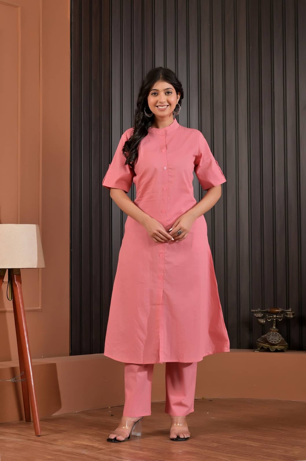 Angvarnika Women Cotton Solid A-line Kurti With Palazzo ( Peach )
