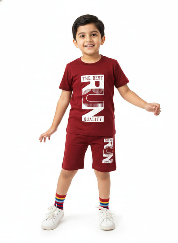 GTwo Boys Cotton Blend T-Shirt & Shorts Set ( Maroon , Pack of 1 )