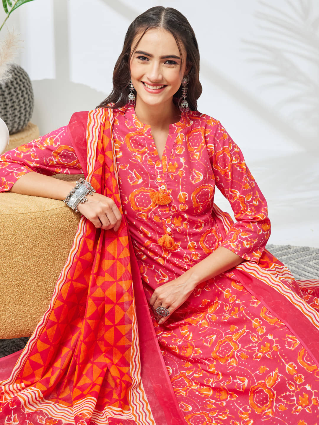 Janasya Women Cotton Printed Straight Kurti With Pants ( Pink )