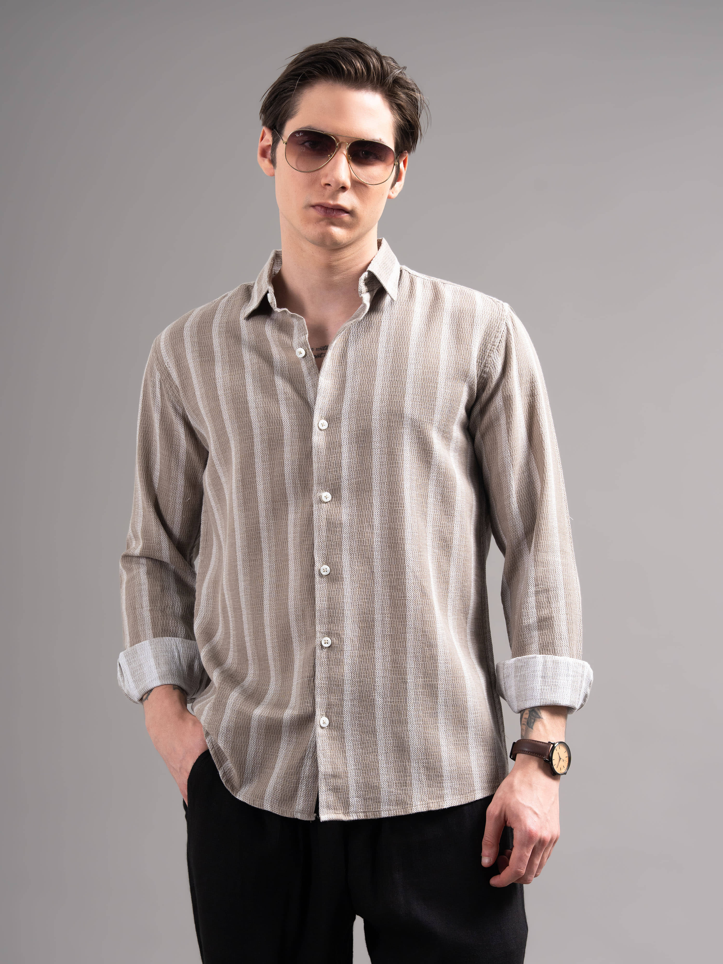 Paul Street Linen Regular Fit Striped Full Sleeves Men's Casual Shirt - Brown ( Pack of 1 )