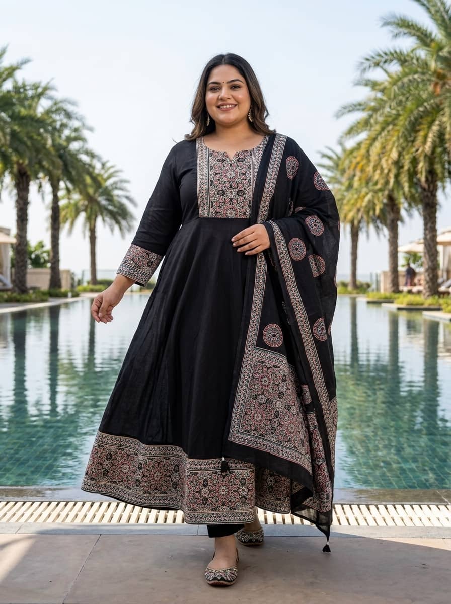 Swasti Women Cotton Printed Anarkali Kurti With Pants ( Black )